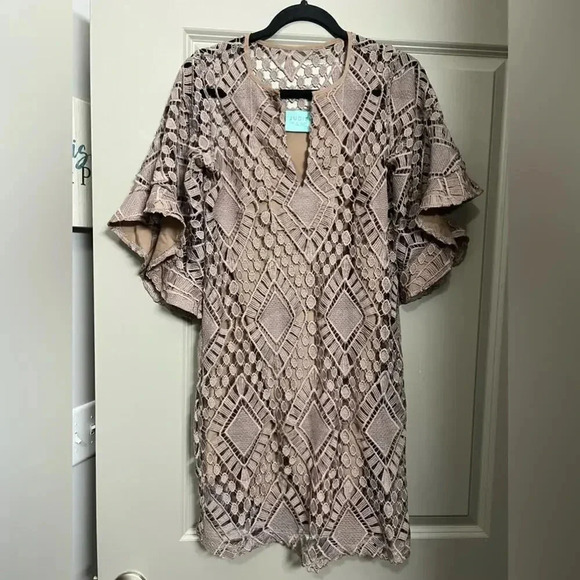 Judith March Brown Crochet Bell Sleeve Sheath Dress Size Small